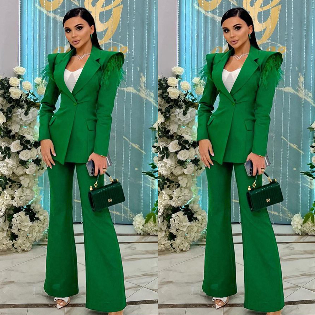 

Designer Green Women Pants Suits With Shoulder Pads Long Sleeve Top Straight Slim Blazer Sets High Streetwear 2 Pieces