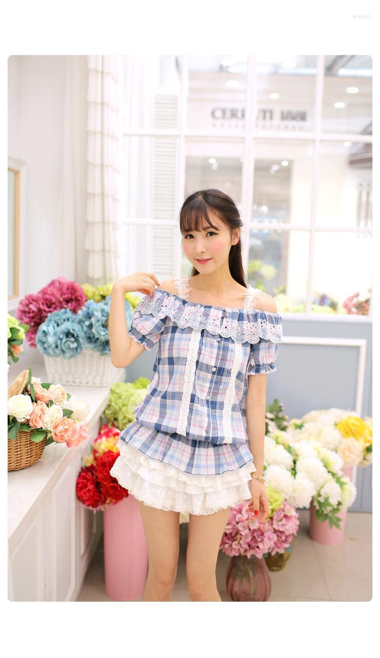 

Women's Blouses SALES Japan Liz Lisa Cotton Lace Embroidery Plaid Shirts, Blue
