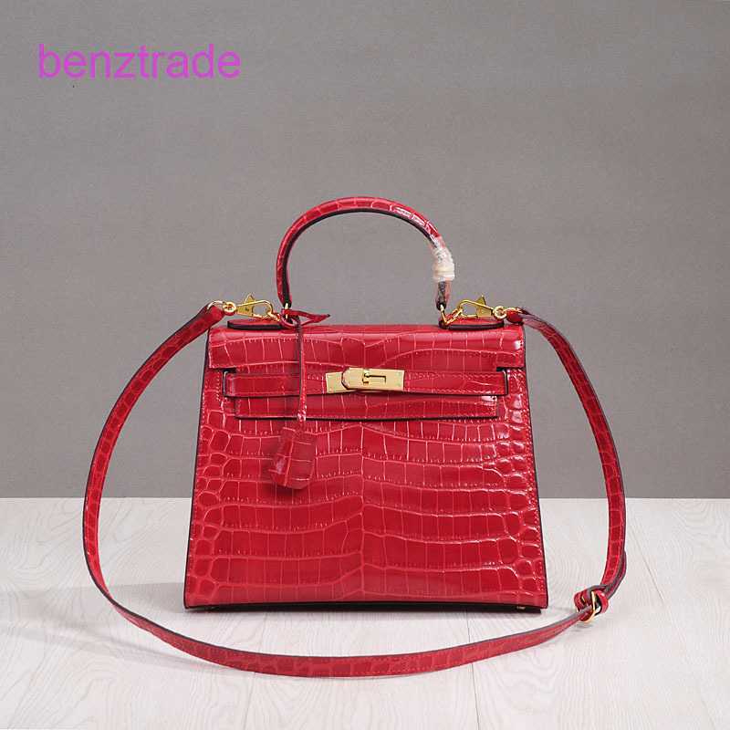 

Herme Kely bags for women online shop New style leather fashion cowhide women's portable straddle shoulder crocodile pattern, Red 20cm