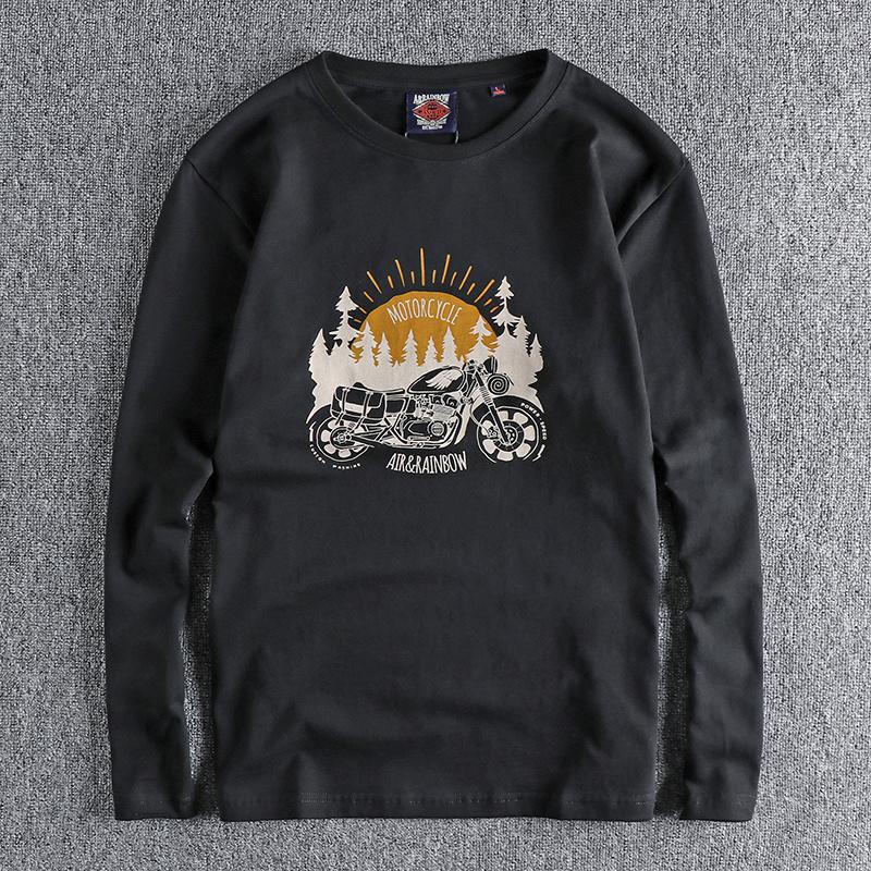 

Men's T Shirts Simple Outdoor Motorcycle Printing Long Sleeve T-shirt Men's Washed Cotton Round Neck Bottoming Shirt, Beige