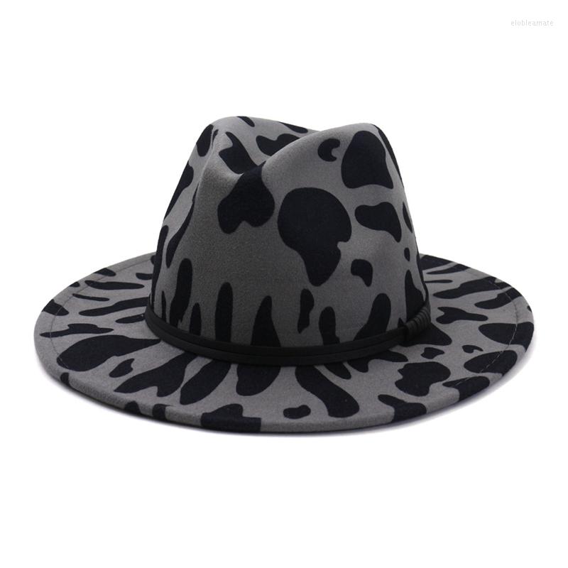 

Berets Fashion Cow Print Big Brim Hat Western Cowboy Felt With Leather Rope Jazz Top For Po Shooting, Khaki