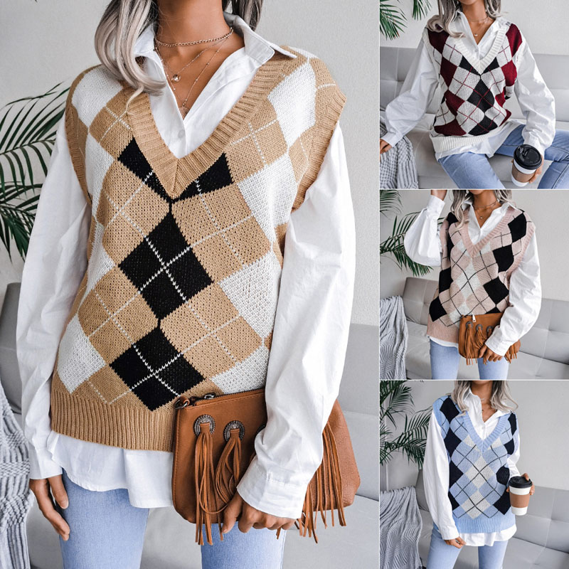 

New Autumn knit vest sweaters woman Plaid diamond V neck casual loose designer sweater European and American college style women Clothing, Red