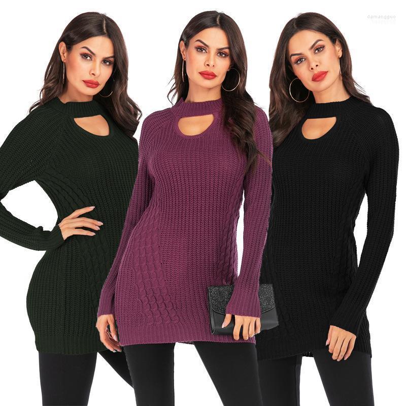 

Casual Dresses Long Sleeve Knitted Hollow Dress Women Slim Autumn Winter Warm Sweater Female Sexy Elegant Pullover Mid-longDresses, Black