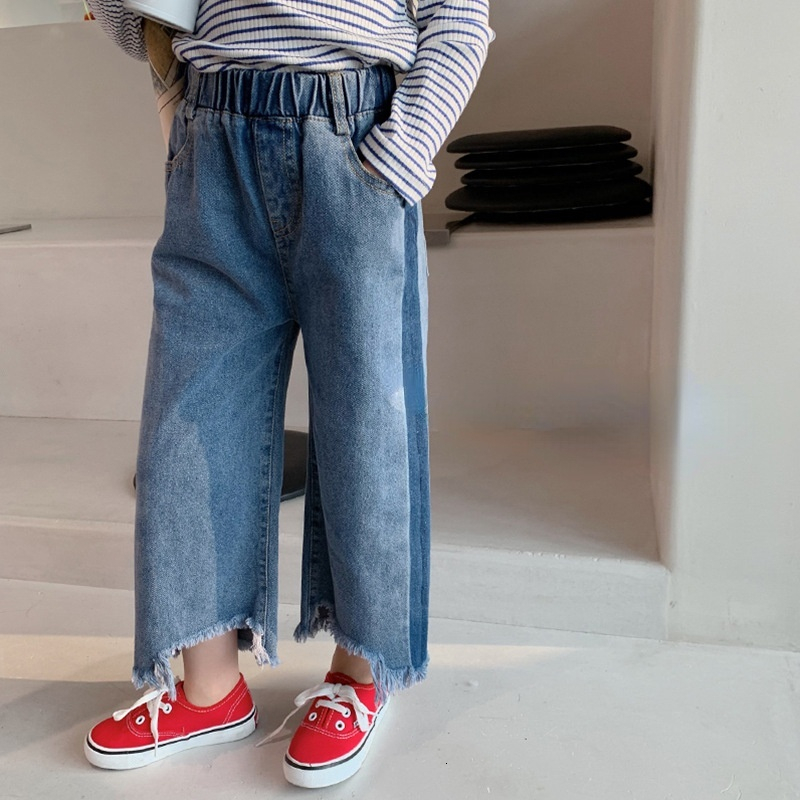 

Trousers Autumn Kids color contrast wide leg denim pants Girls loose all match rough selvedge jeans 221207, Black