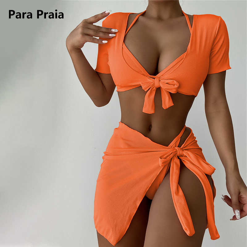 

Bras Sets Para Praia 4 Pieces Bandage Bikinis Set 2021 Skirt Swimwear Women High Waist Short Sleeve Swimsuit Female Summer Tie Biquini T221206, Pink