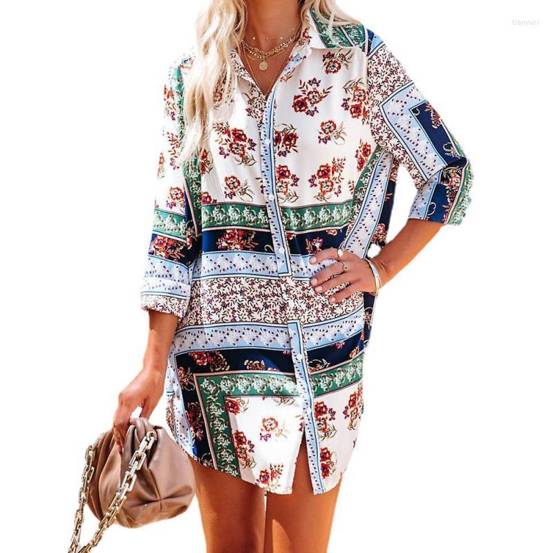

Women' Blouses Long Shirts Women Tops Full Sleeve Turn Down Collar Fashion Print Loose Casual Straight Female Blusa Tunic, Multi