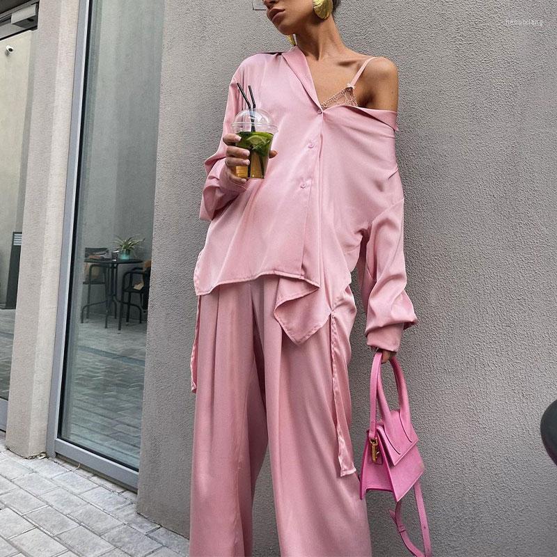 

Women' Two Piece Pants Satin Shirt Trousers Set Woman Pieces Oversized Elegant High Waist Wide Leg Pant Suit Female 2022 Spring Lady, Green