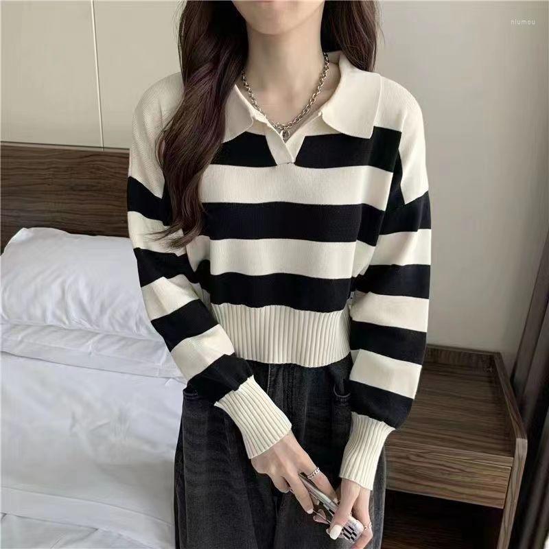 

Women's Sweaters POLO Sweater Lapel Stripe Knit Top Women Long Sleeve Base Coat Loose Short Autumn And Winter Casual Pullover, Black