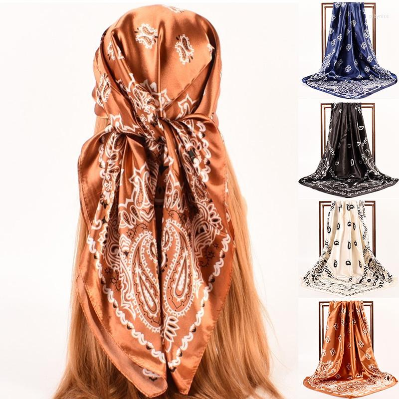 

Scarves 90 90cm Muslim Square Silk Scarf Chiffon Hijab Female Satin Print Shawls Wrap Hair Head Women Bandana Beach Pareo