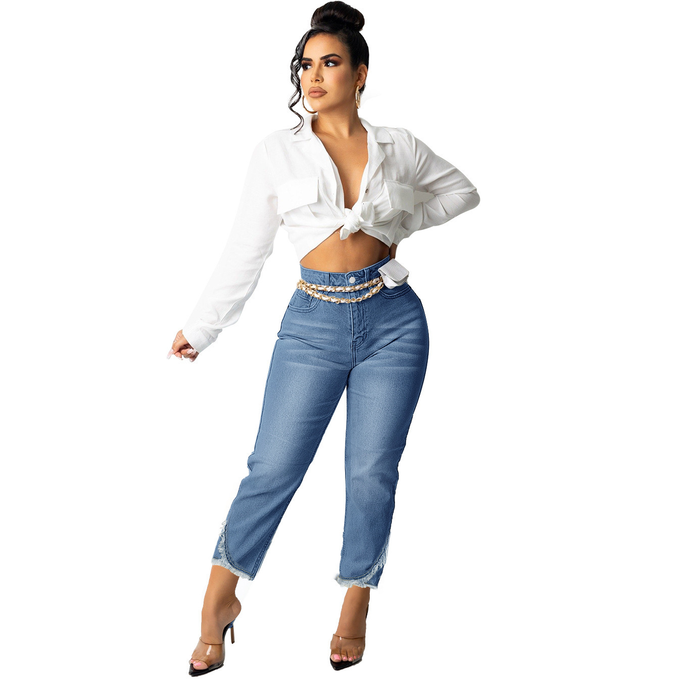 

Women s Jeans Fall High Waist For Women Fashion Casual Lace Ankle Length Denim Pencil Pants S 2XL Global Drop 221206, Blue