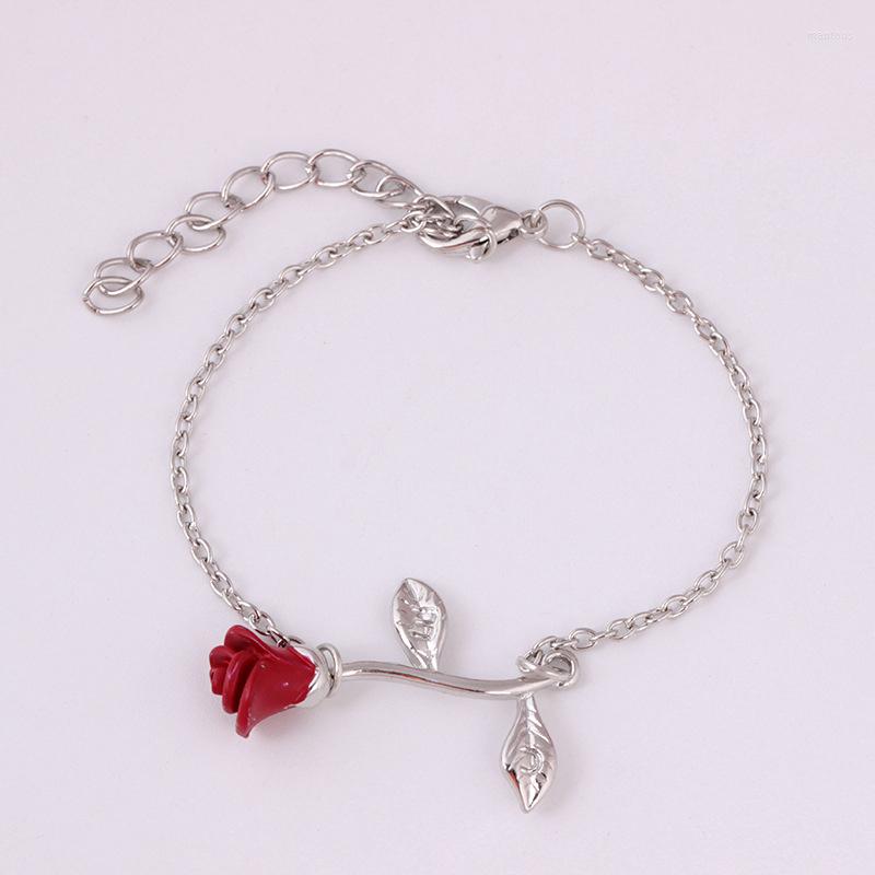 

Link Bracelets Fashion Red Rose Metal Chain Pendant Bracelet Charming Women's Wedding 3 Color Romantic Valentine's Day Jewelry Gift