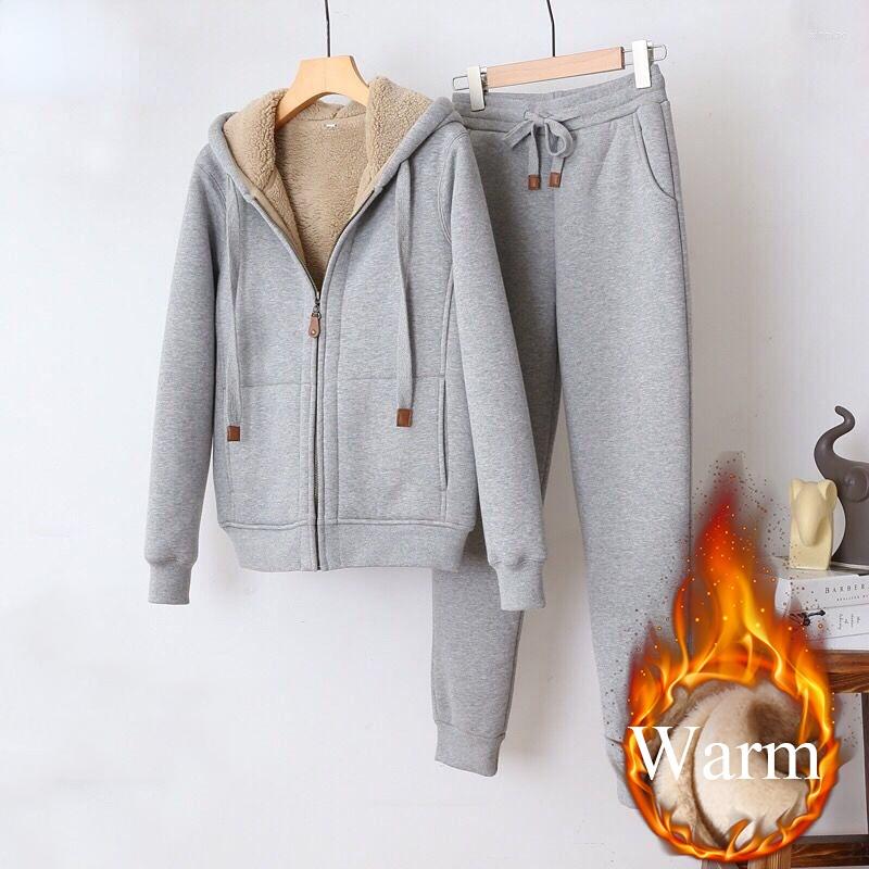 

Women's Two Piece Pants Warm Two-piece Women's Thick Zip Hoodie And Casual Jogging Sportswear 2022 Winter Artificial Wool Lining Set, Black