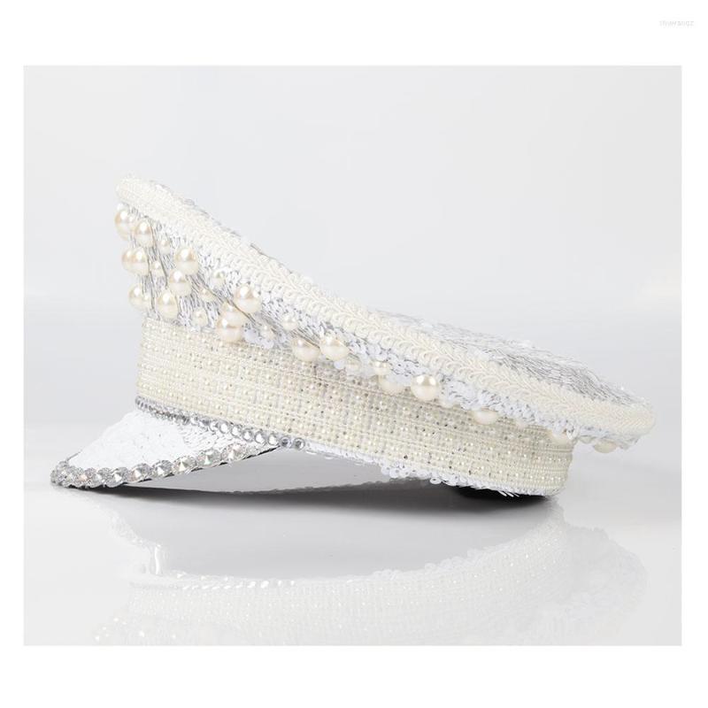

Berets Fashion Handmade White Military Hat With Diamond For Women Shower Cosplay Pearl Bridal Queen Captain Part