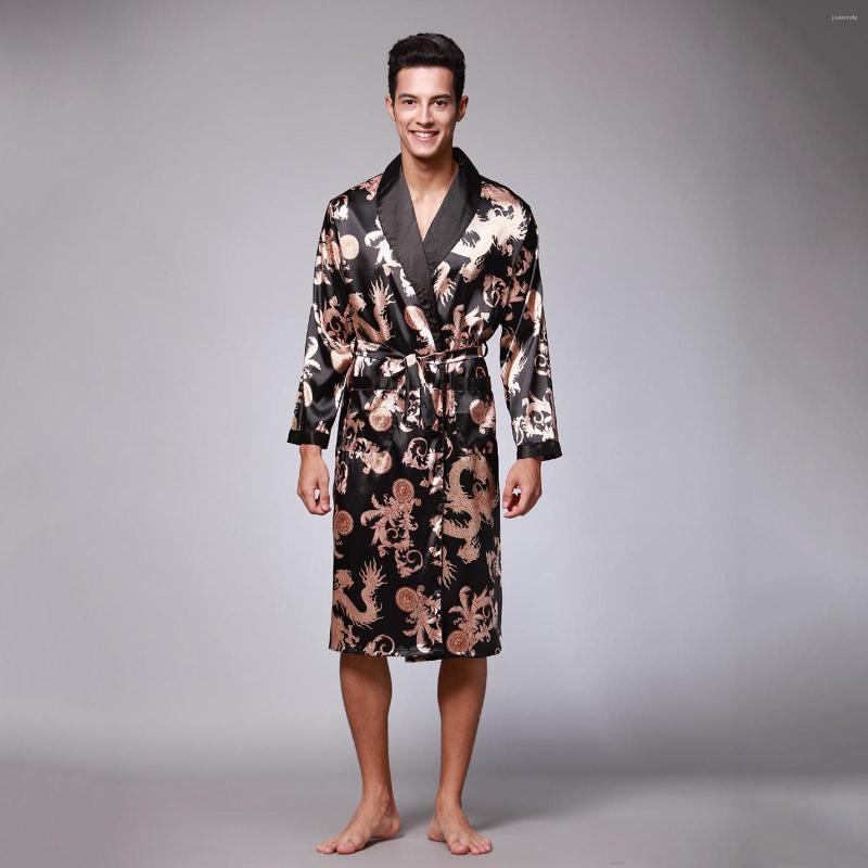 

Men's Sleepwear Men's Robes Nightgown Satin Kimono Bathrobe Gown Casual Plus Size Print Home Dressing Homewear, Black