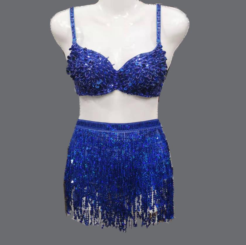 

Belly Dance Skirt with Bra Top Stage Wear Sequins Tassel Hip Scarf Rave Festival Party Costume Outfits for Women S M L, Blue