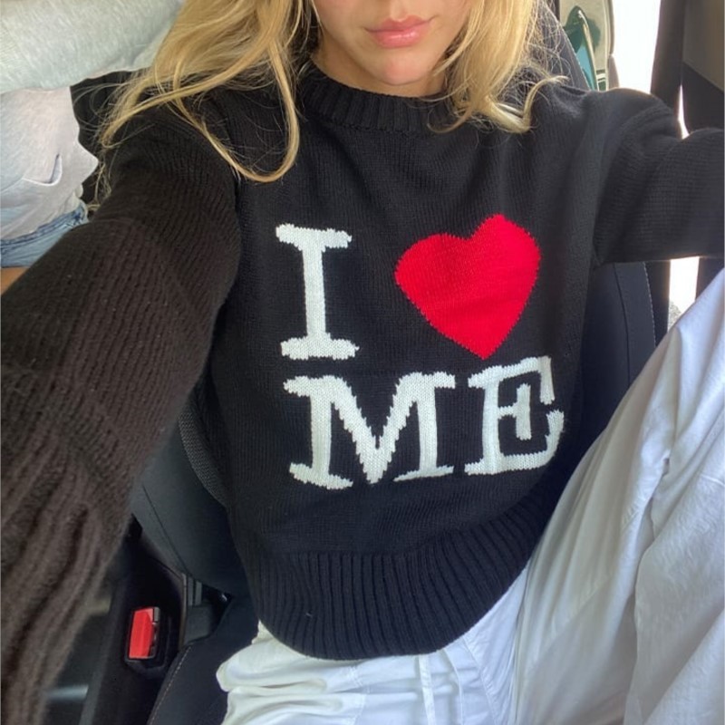 

Women s Sweater Knit Love Me Letter Print Pattern Long Sleeve Slim Pullover Aesthetic Fashion Harajuku Kawaii Fairy Y2K fairycore Sweater 221206, Black
