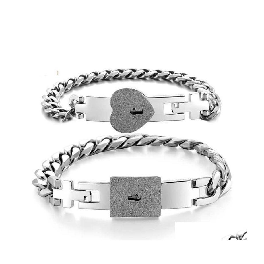 

Bangle 2Pcs Tone Stainless Steel Lover Heart Love Lock Bracelet With Key Bangles Kit Couple Gift Q0722 Drop Delivery Jewelry Bracelet Dhatl