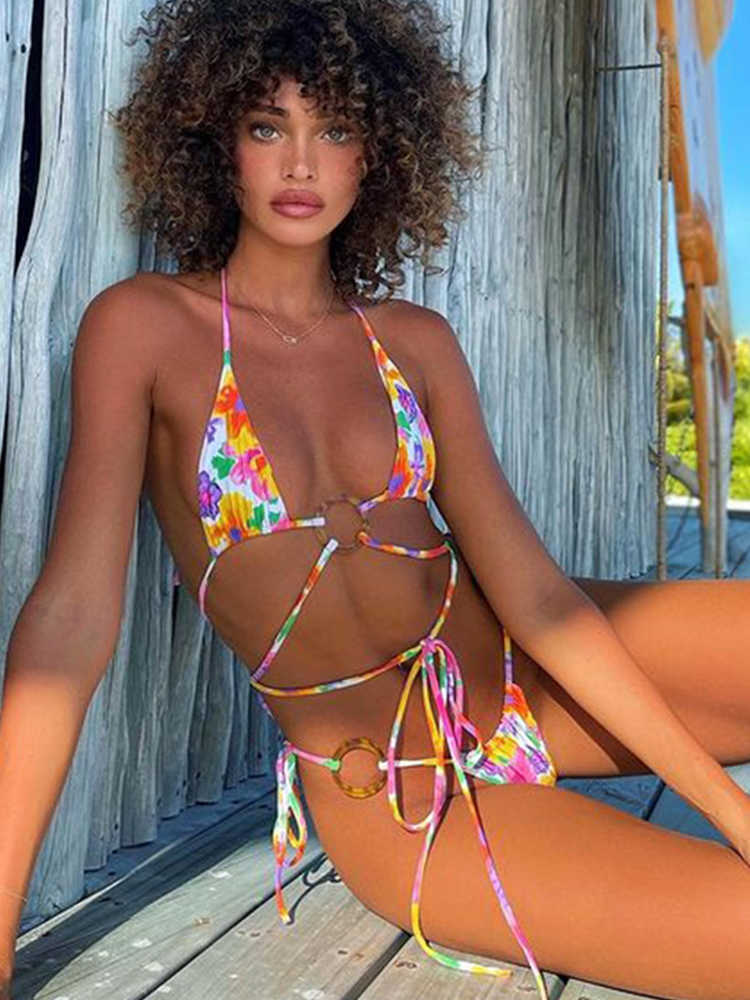 

Bras Sets COOBBU Sexy Halter Bikini Triangle Swimsuit Women Swimwear Floral Print Biquini Micro Bikini Set Beachwear String Bathing Suit T221206, 039