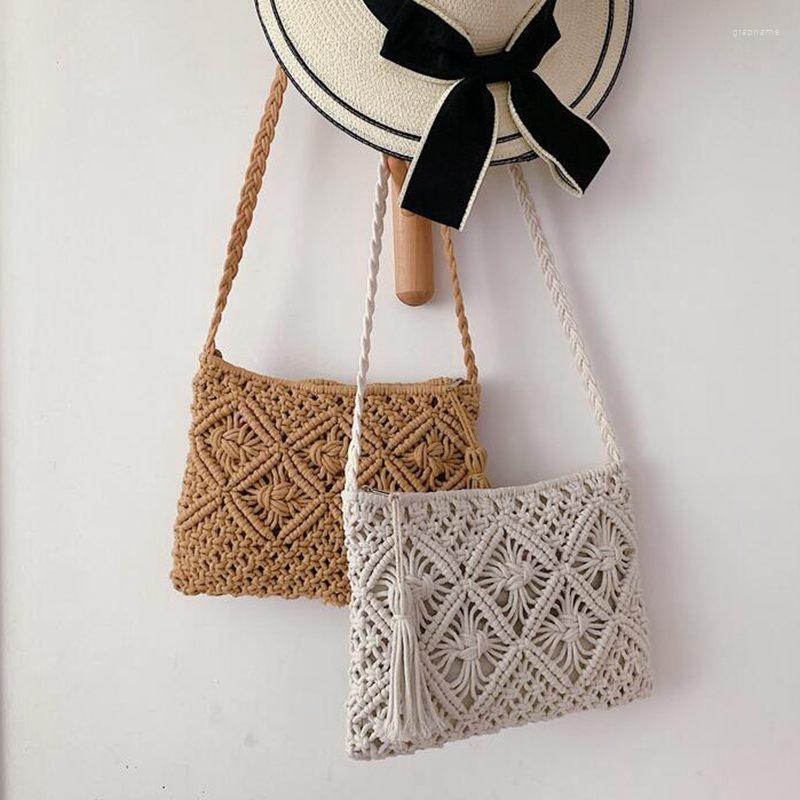 

Evening Bags Bohemian Women Straw Beach Bag Ladies Handmade Shoulder Messenger 2022 Summer Travel Shopping Totes Khaki White Purse S2306