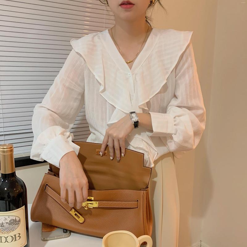 

Women's Blouses Gentle Lace Collar Women Blouse Solid White Breathable Soft Shirts Long Sleeve Summer Spring Blusas Mujer Moda 2022, Khaki
