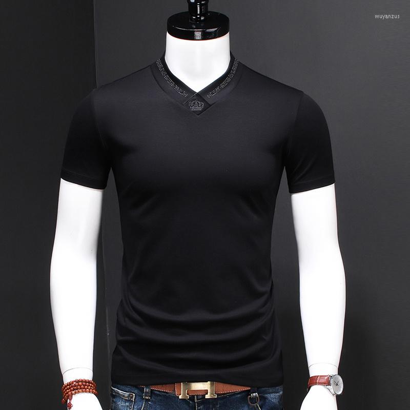 

Men's T Shirts Embroidery Fashion Clothing Rhinestones T-Shirt Men White V-Neck Short Sleeve Shirt Oversized Mercerized Cotton Tshirt, Black