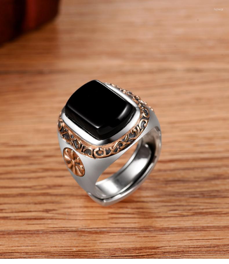 

Cluster Rings 925 Silver Ring Men's Single National Wind Adjustable Size Personality Tide Retro Black Forefinger