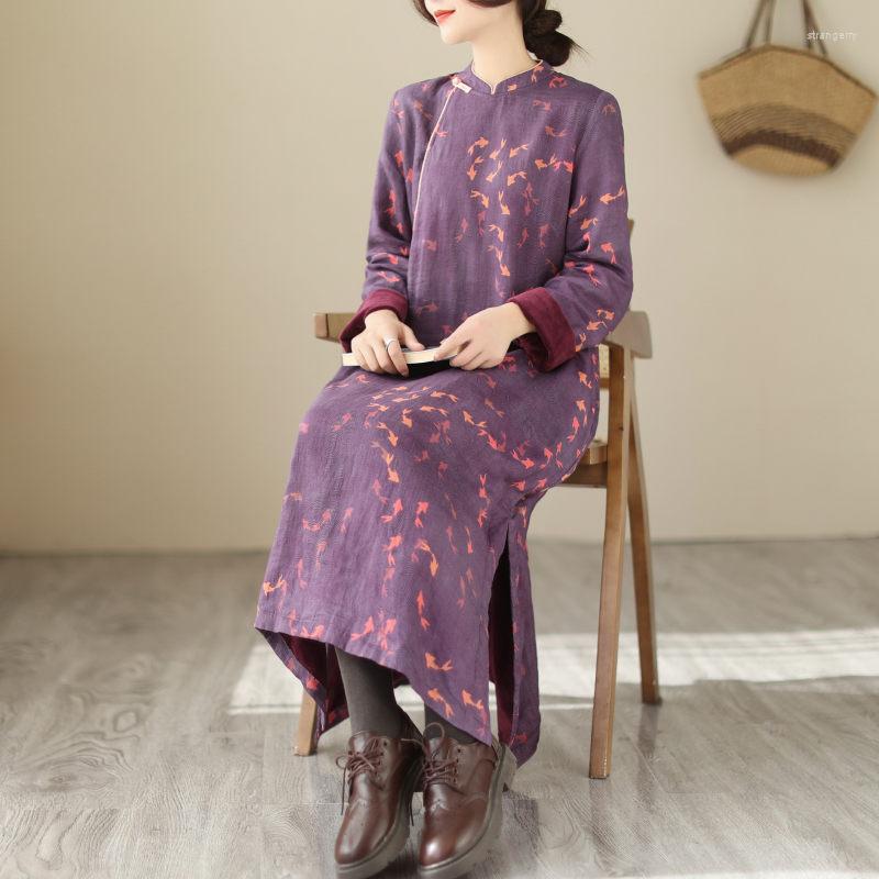 

Casual Dresses 2022 Winter Chinese Style Plush Clothing Women Large Size Loose Thickened Modified Cheongsam Retro Printed Fleece Dress T1364, As show