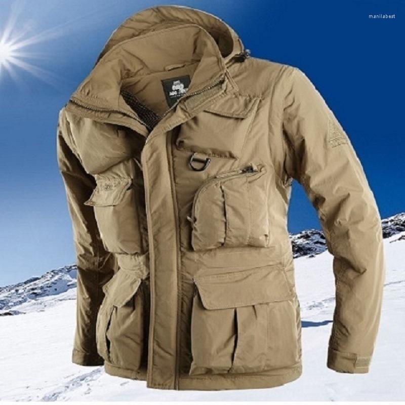 

Men's Down Outdoor Multi Pocket Vest Jacket Single Layer Winter Warm Plush Waterproof Work Coat Large Mountaineering Suit, Khaki