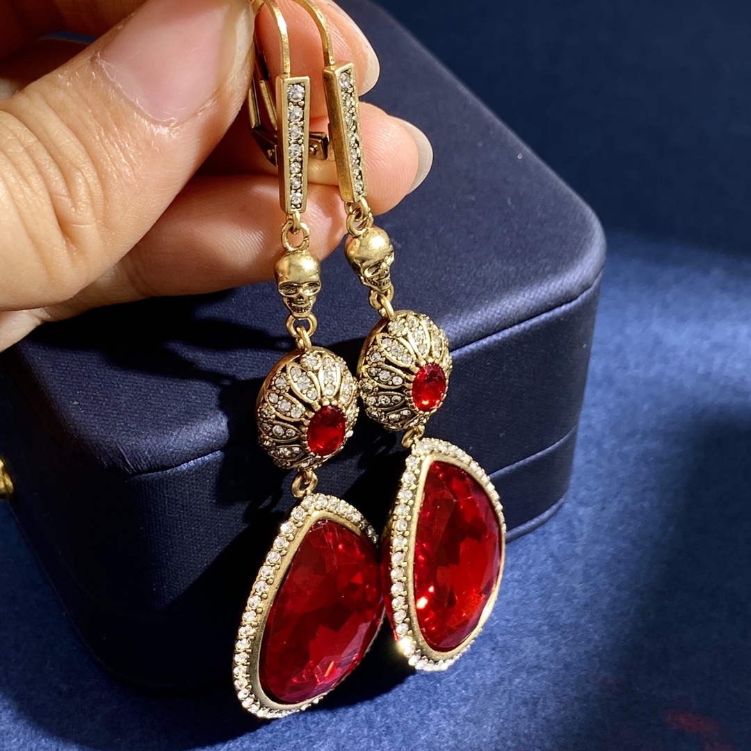 

Luxurious Dangle Earring Skeleton Skull 18K Gold plating ladies Red crystal decorative large drop ruby earrings with diamonds studs ME4 --04 Designer Jewelry Gift