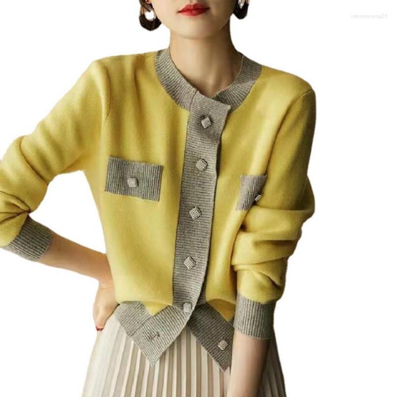 

Women's Knits Yellow Elegant Women Cardigan Sweater Autumn Winter Contrast Color Long Sleeve O-neck Knitwear Korean Ladies Chic Jumper Tops