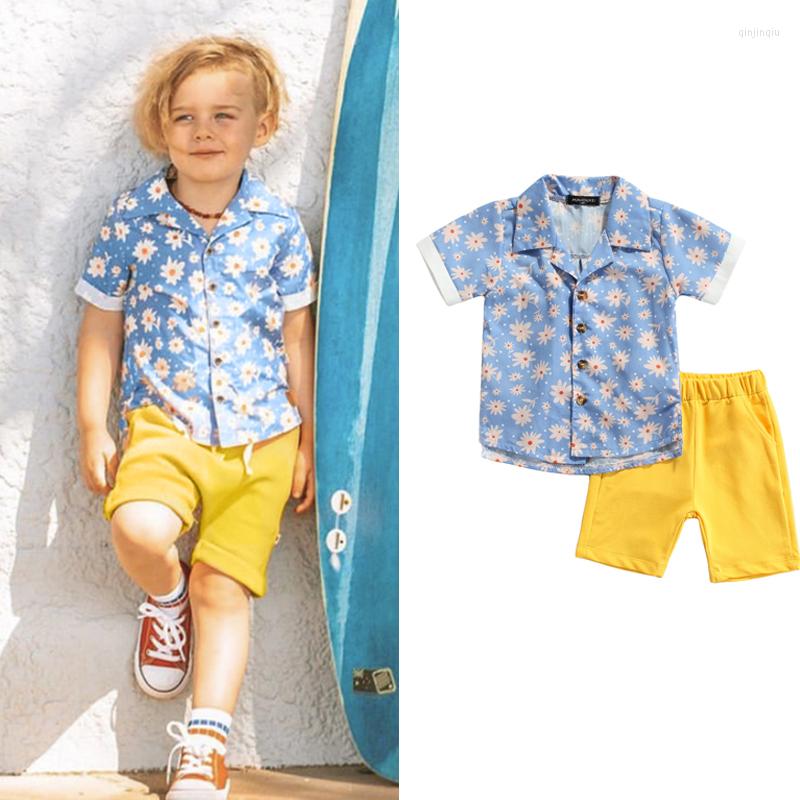 

Clothing Sets Summer Children Kids Suit Set Boy Outfit Daisy Turn-Down Collar Short Sleeve Shirt Solid Color Shorts For Boys 1-6 Years, As photo shows