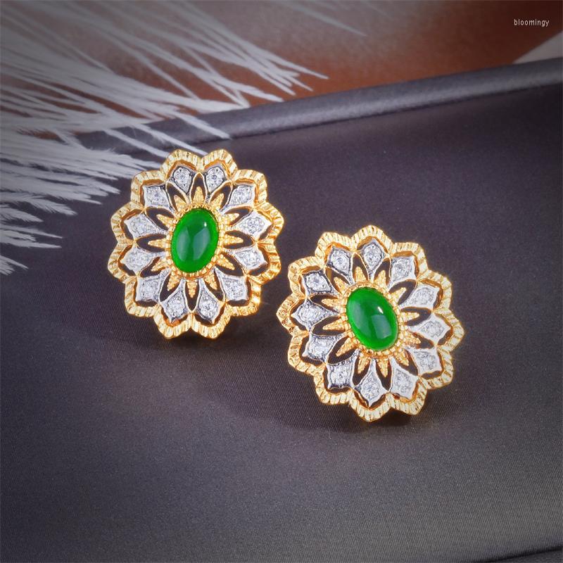

Stud Earrings Retro Court Style Hollow Pattern Two Tone Female Gold Color Flower Emerald Haute Couture Jewelry