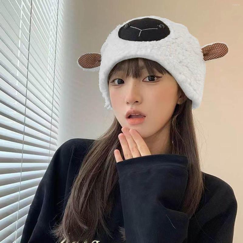 

Berets Ladies Stretch Hats Womens Winter Hat Warm Lambs Wool Bun Soft Earflaps Cartoon Lamb Chunky Knit, Blue