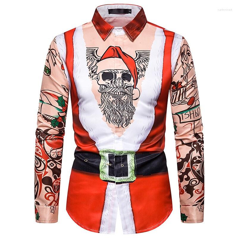 

Men's Casual Shirts Santa Claus Print For Men Cartoon Elk Pattern Long-Sleeved Shirt Year Party X'mas Clothing Leisure Loose Social, G01-lz00087