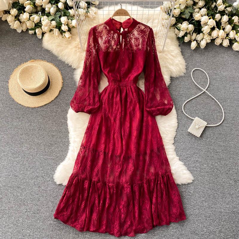 

Casual Dresses SINGREINY Women Elegant French Dress Sleeve O Neck Lace A-line 2022 Autumn Fashion Streetwear Long, Green