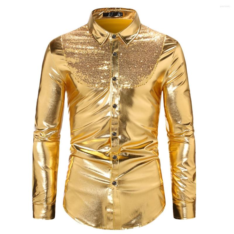 

Men' Casual Shirts Sequin Shirt For Men Long Sleeve Wedding Dress Golden Black Button Down 70s Disco Party Dance Man Halloween Costume