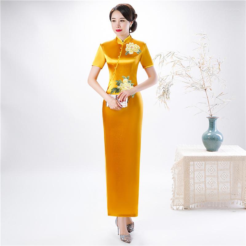 

Ethnic Clothing Luxury Gorgeous Women Long Button Qipao Chinese Traditional Short Sleeve Elegant Cheongsam Slim Evening Party Dress Novelty