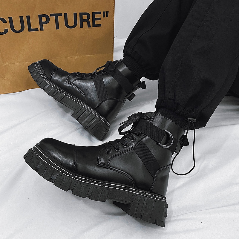 

Men's shoes Martin boots Black leather upper high top British trend motorcycle boots tooling shoe