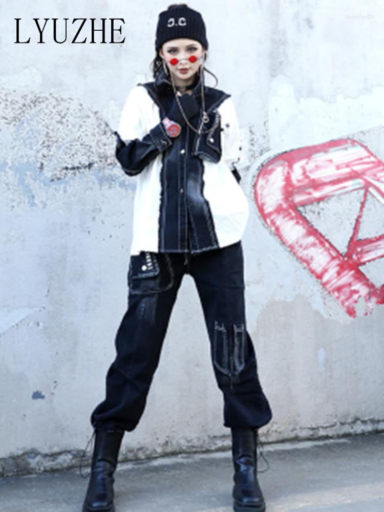 

Women' Two Piece Pants LYUZHE Cool Wind Fashion Brand White Splicing Leisure Suit Female 2023 Spring Distressed Patchwork Two-piece LWL312, Black