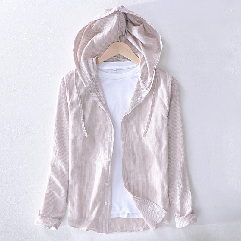 

Men's Casual Shirts Autumn Fashion Men Japan Spring Style Striped Cotton Linen Hooded Male Long Sleeve Blouse Clothes, Black