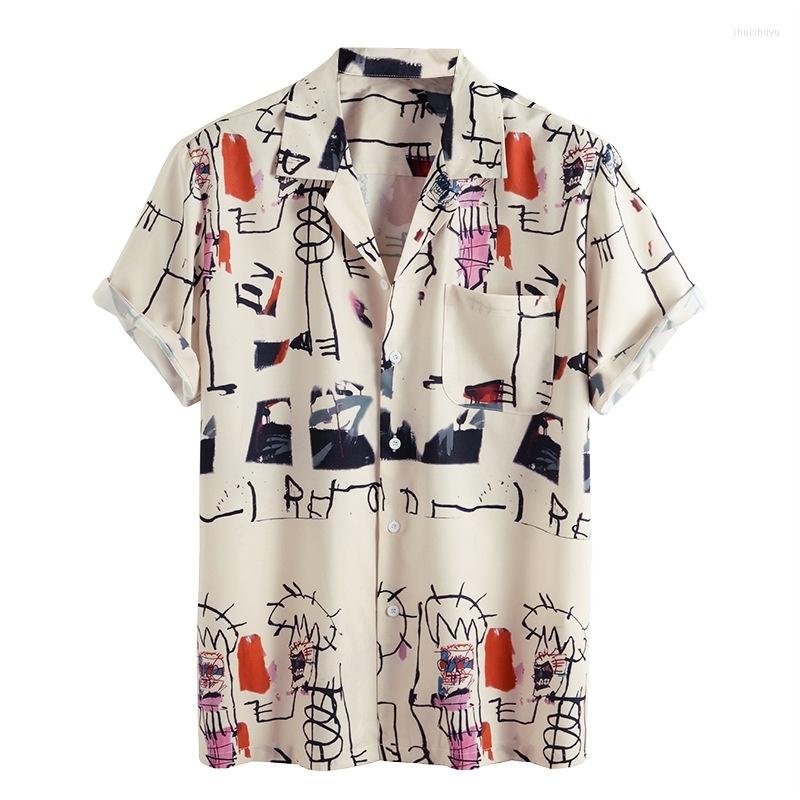 

Men' Casual Shirts Printing Mens Short Sleeve Hawaiian Summer Graffiti For Men Slim Fit Beach Blouse Tops Chemise Homme, Beige