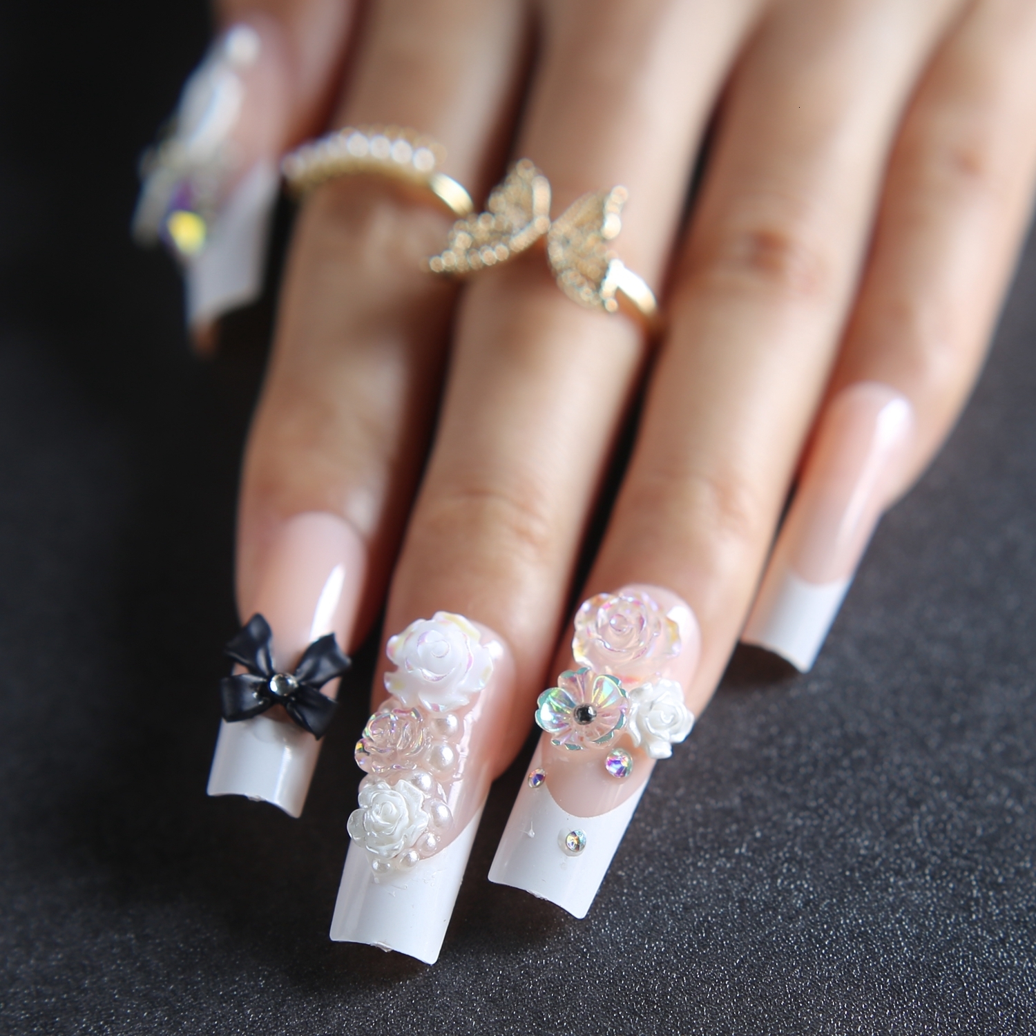 

Nail Practice Display Long Rectangular French Bridal Fake Nails Art Petal Nails Luxurious Faux Handmade Nude Nails 221206