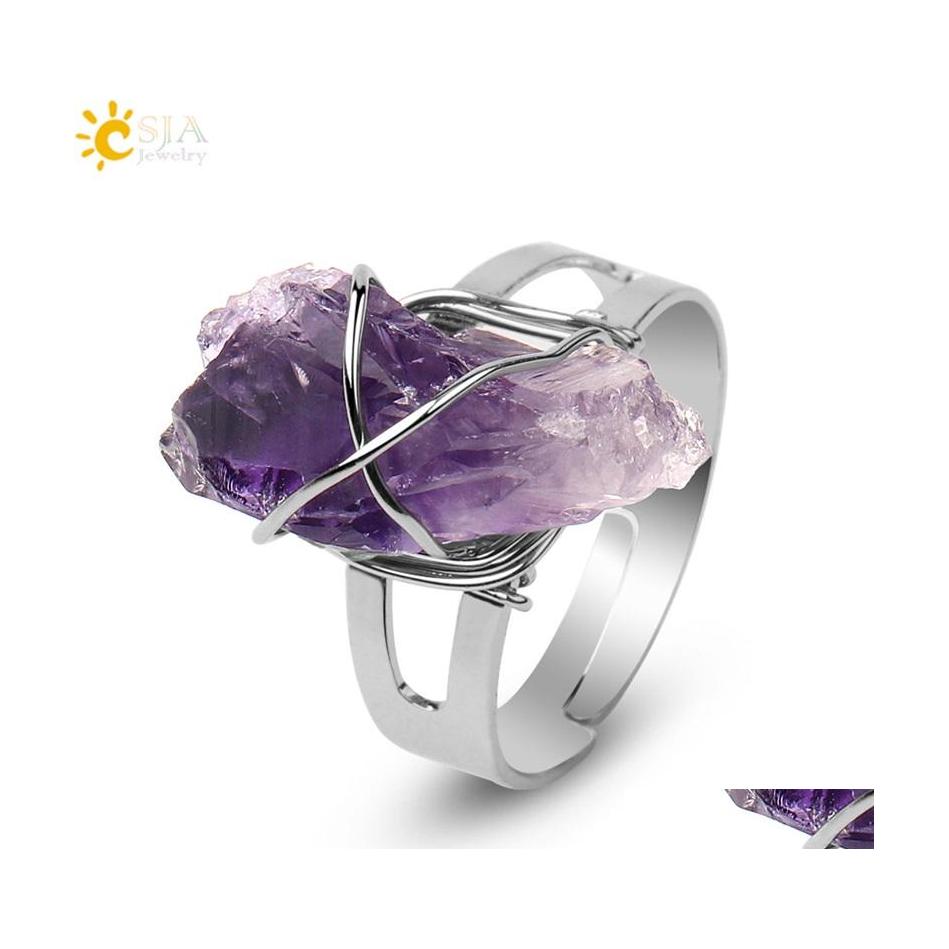 

With Side Stones Csja Women Ring Natural Stone Irregar Crystal Sier Color Wire Wrapped Adjustable Open Rings Reiki Fashion Jewelry P Dhf9K