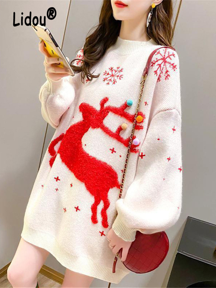 

Women's Sweaters Year Christmas Kawaii Fawn Knitted Sweater Women Autumn Winter Fashion Soft Warm Loose Knit Pullovers Top Outerwear Jumpers 221207, Red