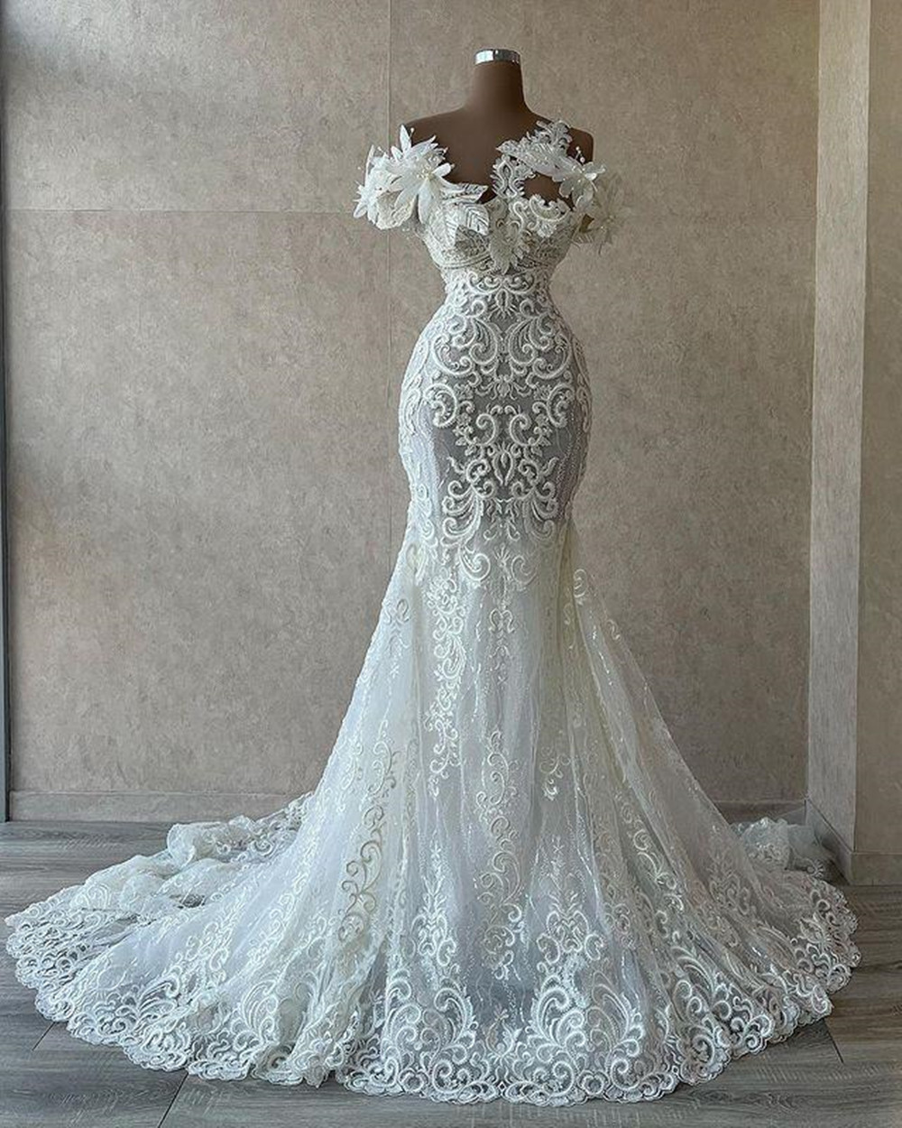 

Mermaid Beach Wedding Dresses Sexy Bridal Gowns 3D Flower Pearls Lace Appliqued Sheer Neck Custom Made Vestido De Novia, Silver