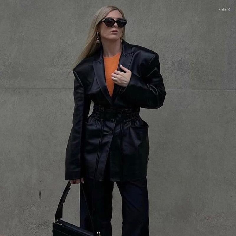 

Women' Suits Autumn Jacket Female Waistband Function Wind High Street Leather Pockets Shoulder Pad Long Suit, Black