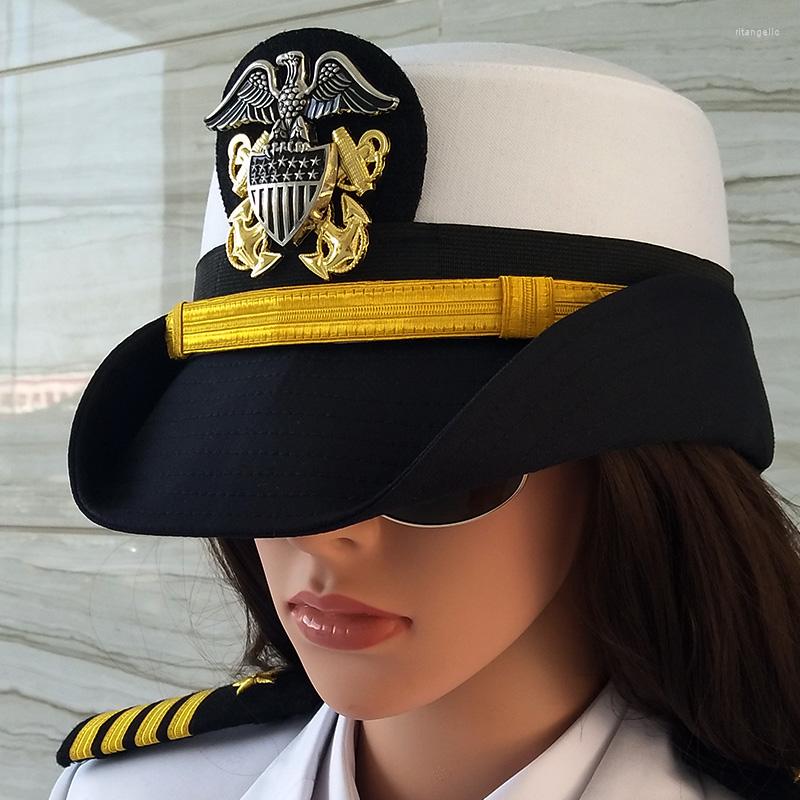 

Berets US Navy Caps Female Yacht Hat Eagle Badge White Pilot Military Marine Corps Sailor Captain Hats For Women