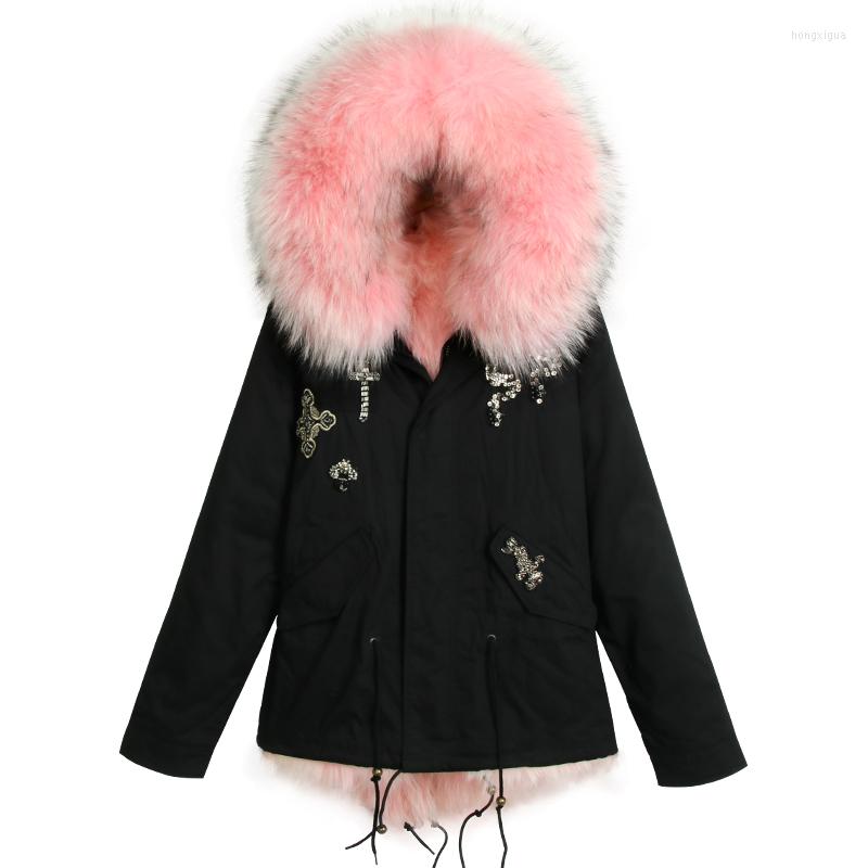 

Women's Fur Thick Warm Black Parka Short Style Pink Lined Coat With Nice Collar For Girls