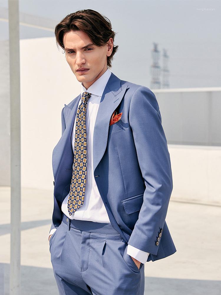

Men's Suits Men Set 70% Wool Blazer Pant 2022 Summer Light Blue Slim Fit Leisure Wedding Groom Wear Plus Size 60A 46A Fashion Clothing