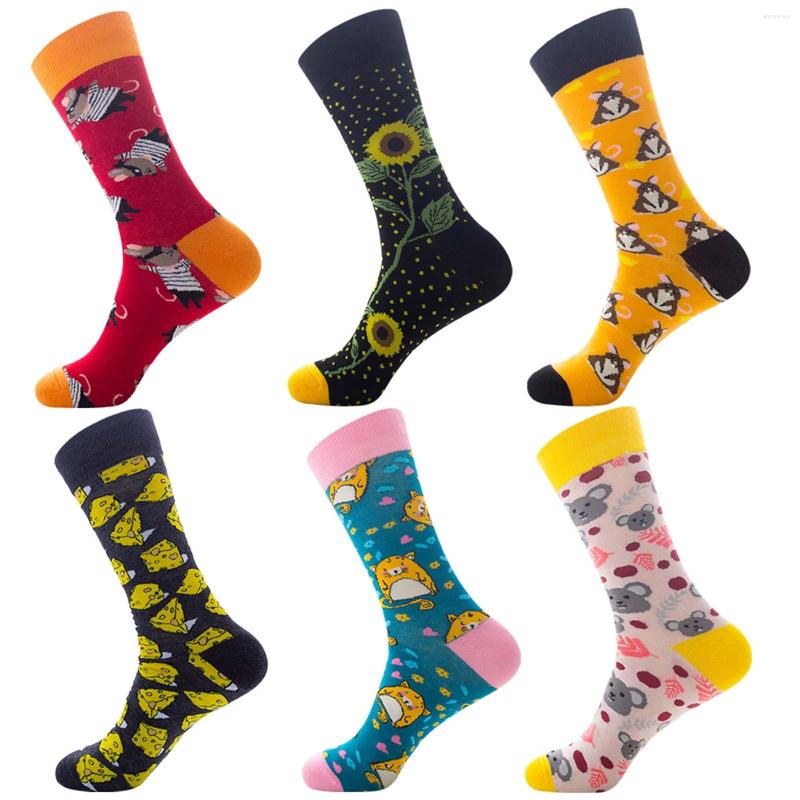 

Men's Socks 6 Pairs Of Spring And Autumn Printed Men's Medium Tube Men Thin Wide Feet